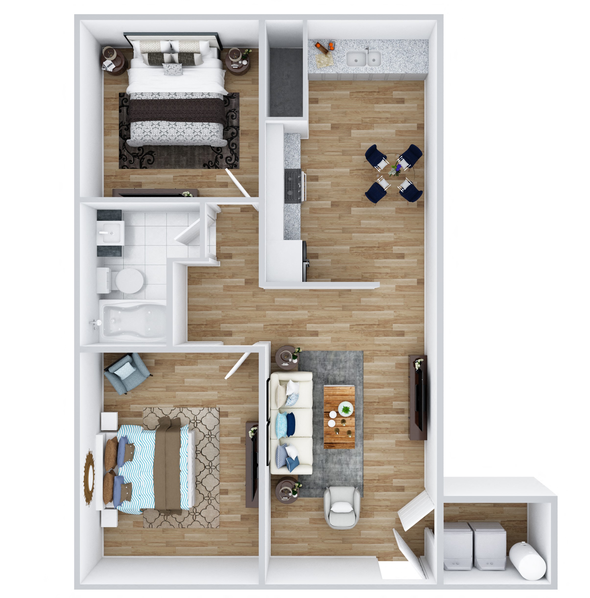 Floor plan for 2 beds, 1 bath, 767 sqft